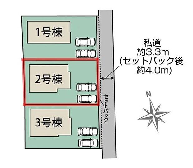 各棟ごとに独立した駐車スペースを確保しています。私道の幅員もセットバック後は約4.0mとなり車の出し入れもスムーズです。全体が整然と区画され分かりやすい配置です。