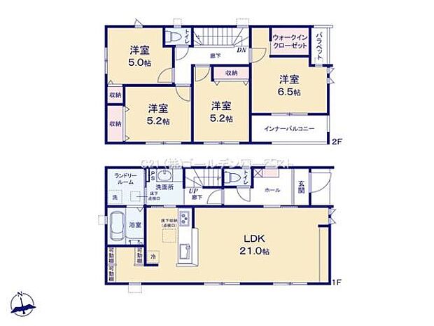 各部屋がしっかりと区切られておりプライベート空間が確保されています。リビングダイニングキッチンは21帖と広々とした設計です。
