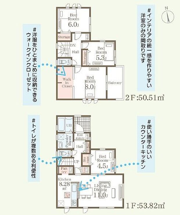各部屋が洋室のみの間取りでインテリアの統一感を演出しやすい設計です。ウォークインクローゼットが備わっており衣類をまとめて整理できます。カウンターキッチンは使い勝手が考慮されています。
