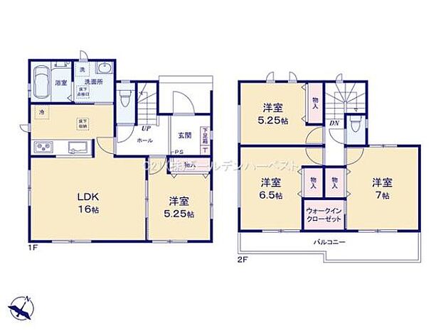 1階には広々としたLDKや便利な水回りが集約されています。2階には3つの洋室とウォークインクローゼットが設けられています。バルコニーもあり南向きの陽当たりを活かせます。