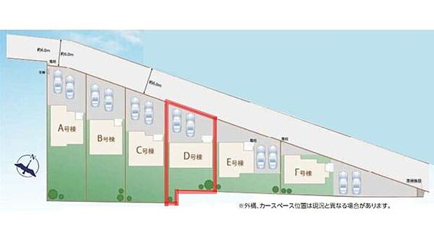 全6区画の分譲地で各区画に駐車スペースが確保されています。敷地形状がシンプルで使いやすく土地利用の幅が広がります。道路に面した区画配置が特徴的です。各区画の隣接関係も分かりやすいレイアウトです。