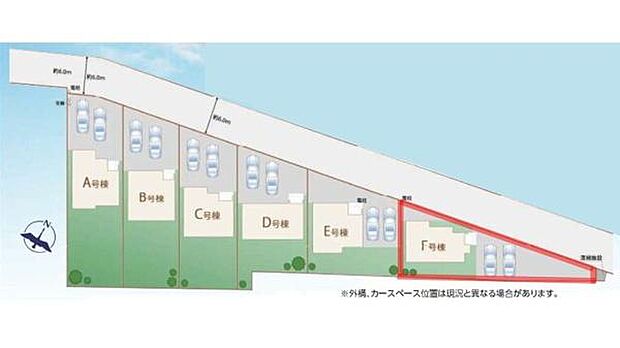 全6区画の区画図です。それぞれの区画に駐車スペースが確保されています。道路に面しておりアクセスが便利です。建物配置や外構計画もわかりやすい区画図です。形状や広さの違いも一目で確認できます。
