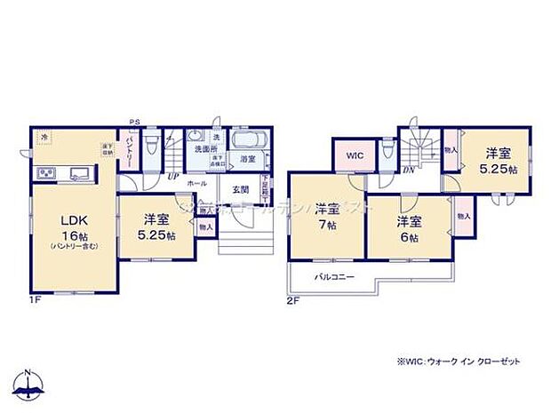 1階と2階にそれぞれ洋室が配置されており使い勝手の良い間取りとなっております。LDKは16帖で開放的な空間設計です。2階にはウォークインクローゼット付きの洋室もあり収納力が充実しています。