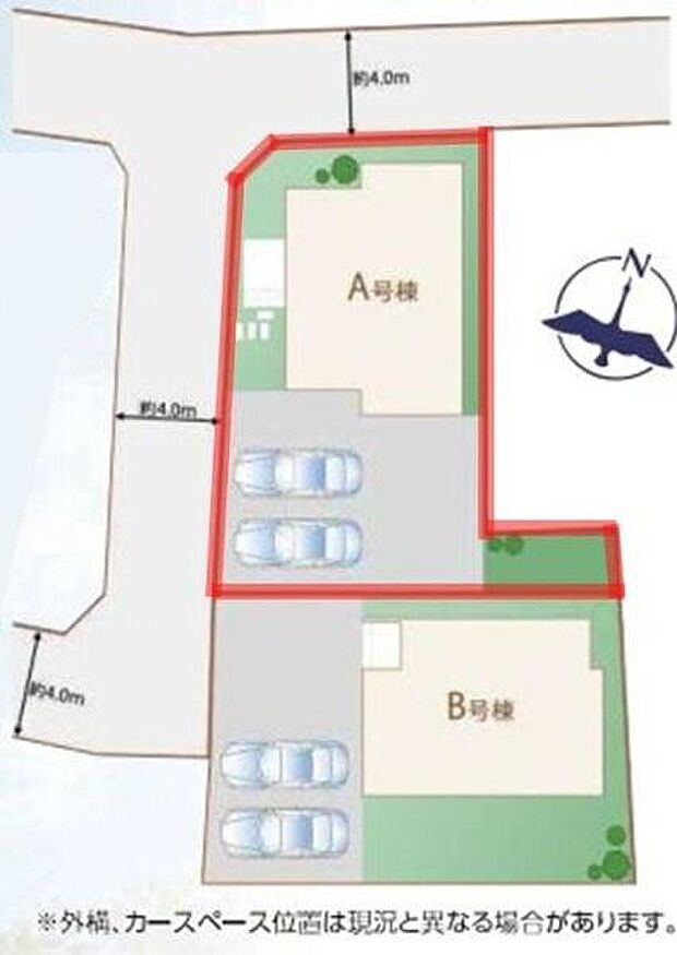 車の駐車スペースがしっかり確保された区画図です。A号棟・B号棟ともに分かりやすい配置となっています。敷地の形状が直線的で利用しやすくなっています。接道幅も約4mあり車の出入りもスムーズです。
