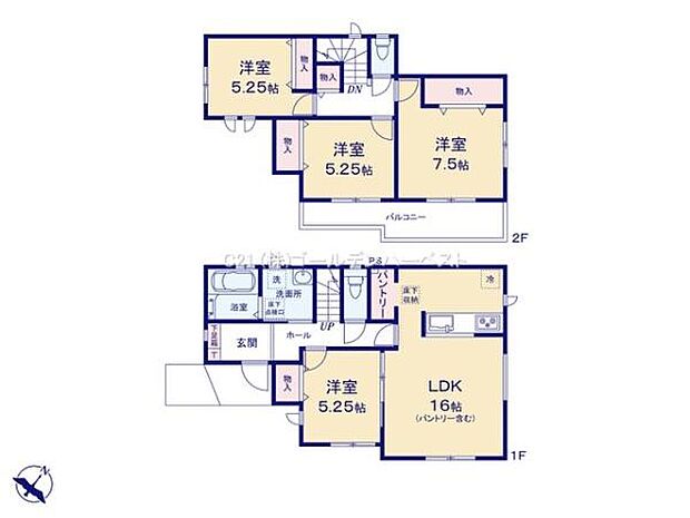 全体で4つの洋室を備えた間取りとなっております。LDKは16帖と広々とした空間が特徴です。パントリーや収納も複数配置されており生活動線がスムーズに設計されています。