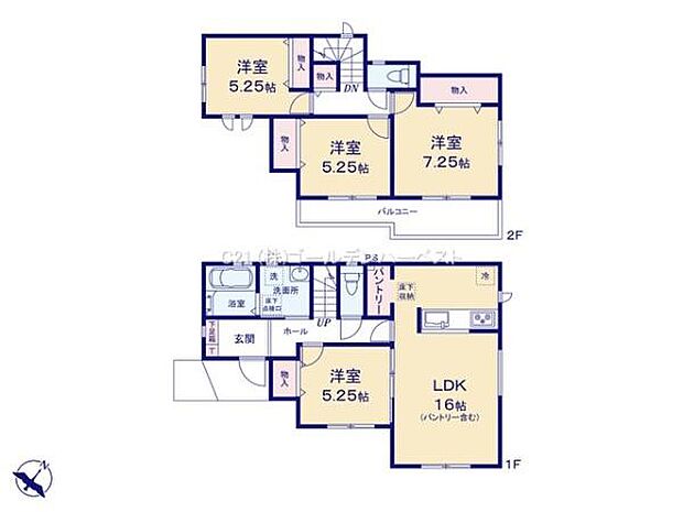 1階には広々とした16帖のLDKがあり全体的に収納スペースも充実しています。2階には3部屋の洋室があり多様な使い方が可能です。キッチンにはパントリーが設けられており使い勝手を重視した間取りです。