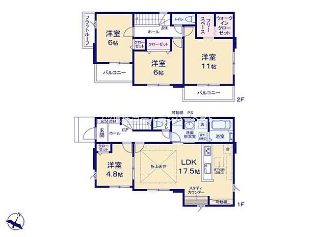 全室しっかりとした広さが確保され各部屋に収納スペースが備わっております。1階のLDKは開放感のあるレイアウトです。2階には大型のウォークインクローゼットもございます。