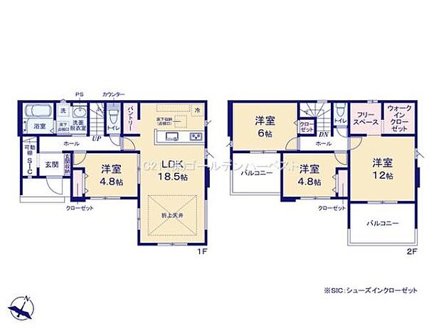 二階建てで各階に洋室が配置されており幅広いライフスタイルに対応できます。リビングダイニングキッチンは18.5帖の広さが確保されています。