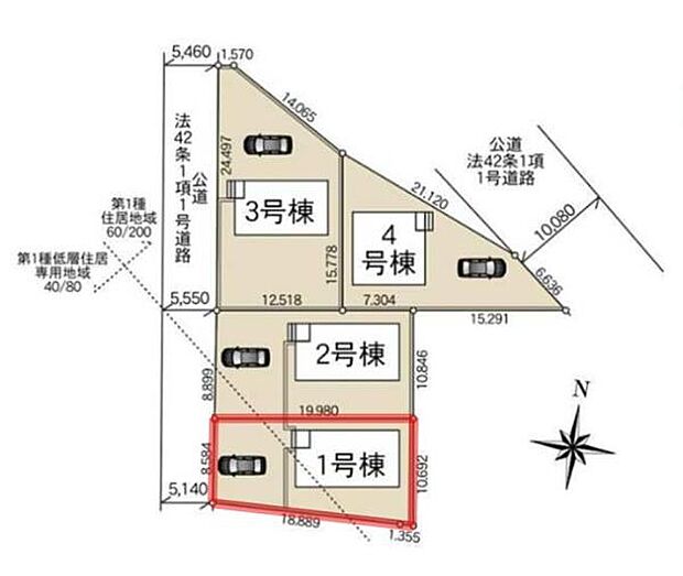 全4棟の区画図で車の駐車スペースも明確に示されています。敷地形状が工夫されておりそれぞれの棟が独立したスペースを確保しています。幅員5.1メートルの接道があり車の出し入れもスムーズです。