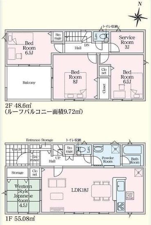 2階にはベッドルームが3室あり多様な用途に活用できます。1階のLDKは18帖と広々とした空間です。1階には和室もあり収納も充実しています。各階にトイレが設置されており使い勝手が良好です。