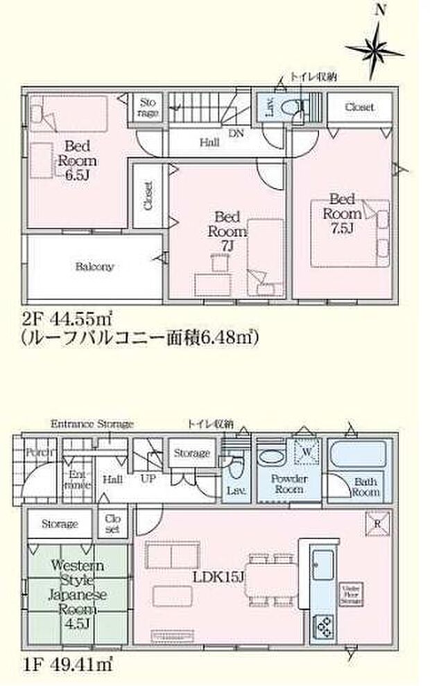2階建ての間取りで全体の収納スペースが充実しています。1階には和室と広々としたリビングダイニングが設計されています。2階には3つのベッドルームがありバルコニー付きです。