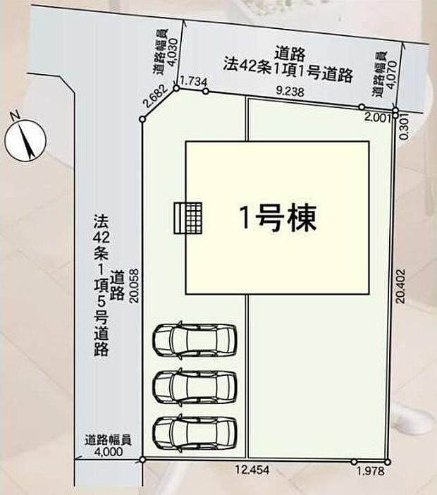 区画図には十分な駐車スペースが確保されており車の出し入れがしやすい配置です。角地に位置しており二方向の道路に面した利便性が特長です。建物の敷地全体が見渡せるシンプルで分かりやすい区割りです。