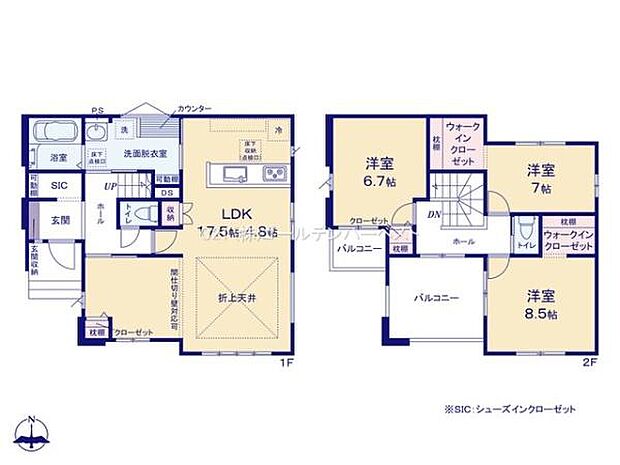 1階と2階に分かれたゆとりのある間取りです。全居室に収納スペースが備わっています。ウォークインクローゼットやシューズインクローゼットもあり収納力が特徴です。2階には3つの洋室があります。