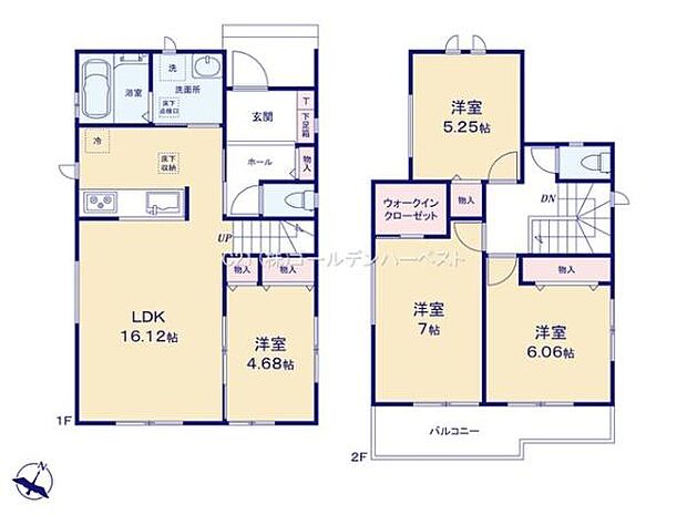 1階と2階に複数の洋室が配置されておりご用途に合わせて活用できます。ゆとりあるLDKが16.12帖あり開放感が感じられます。収納スペースが豊富でウォークインクローゼットも設けられています。