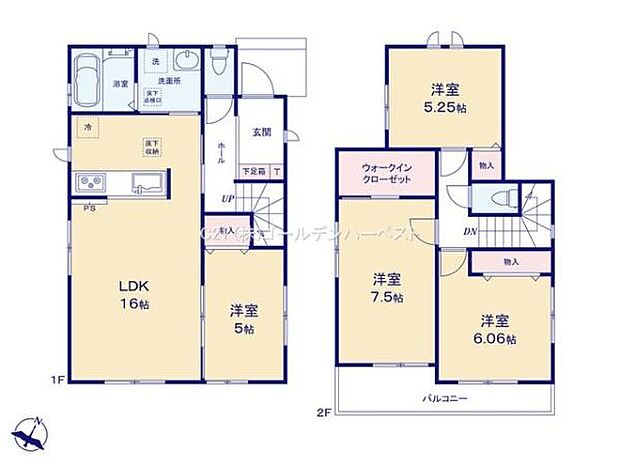 1階には広々とした16帖のLDKがあります。収納スペースやウォークインクローゼットが備わっており使い勝手の良い間取りです。2階には3つの洋室が配置されておりそれぞれ十分な広さが確保されています。