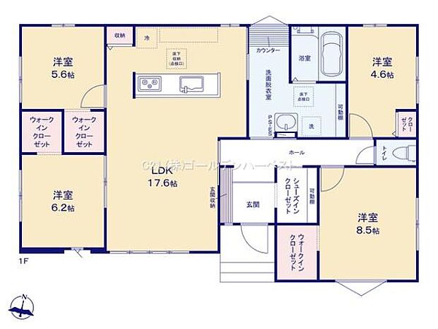 ゆったりとした17.6帖のLDKが中心に配置された間取りです。4部屋の洋室はそれぞれ広さが異なり様々な使い方ができます。ウォークインクローゼットが3か所あり収納スペースも充実しています。