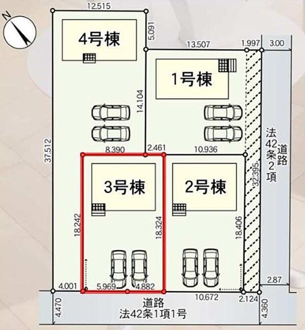 区画図内で3号棟はゆとりある敷地配置が魅力です。並列で駐車スペースが確保されており出入りもスムーズです。また道路に面した立地で日々の使い勝手にも配慮された設計です。