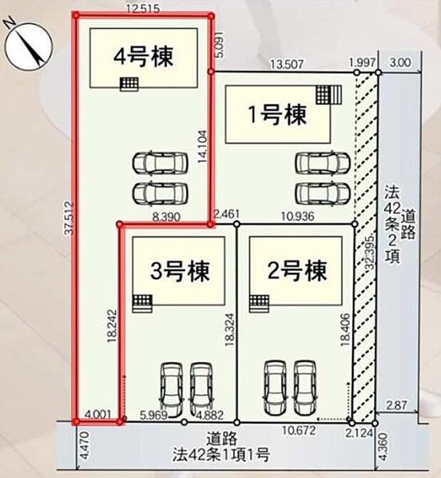 区画図の全体レイアウトが一目で分かります。各号棟ごとの駐車スペースも明確に配置されています。道路へのアクセスや敷地の広さも確認しやすい図面です。建物の配置や境界線が詳細に表示されています。