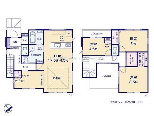 1階は広々としたLDKと和室があり家事動線も考えられた間取りです。2階には3つの洋室が配置されそれぞれ収納スペースが充実しています。バルコニーが2か所あり開放感のある設計です。