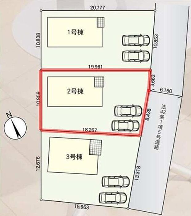 2号棟は駐車スペースがしっかり確保されており敷地全体の配置が分かりやすい区画図です。道路に面しているため車の出し入れがしやすく利便性の高い設計となっています。ゆったりとした敷地バランスが魅力です。