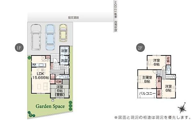 1階にLDKと洋室浴室など生活空間が集約されており動線がシンプルです。2階には独立した洋室が3部屋配置されプライベートな空間も確保されています。バルコニー付きで室内の換気にも配慮されています。