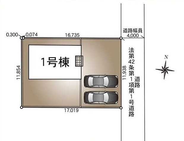 区画図には敷地の形や道路との接面状況が明確に示されています。駐車スペースが2~3台分しっかり確保されています。建物の配置が道路側から分かりやすく描かれています。周囲の寸法表示が詳細に記載されています。