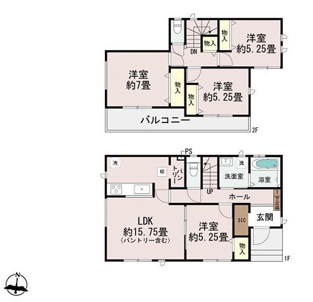 全室に収納スペースがあり使い勝手のよい間取りです。LDKは約15.75畳と広々としています。洗面室や浴室も近くに配置されていて動線に配慮されています。2階にはバルコニーもあり部屋数も充実しています。