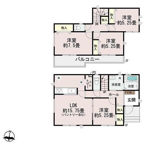 ゆとりあるリビングダイニングキッチンが約15.75畳確保されています。2階には全室に収納スペースを備えた洋室が3部屋配置されています。1階にも洋室があり多目的に使えます。