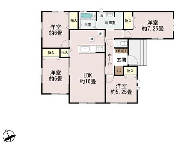 約16畳のLDKが中心に配置され家族の空間がゆったり確保されています。洋室は4部屋ありそれぞれに収納が備え付けられています。浴室や洗面室も使いやすい配置です。