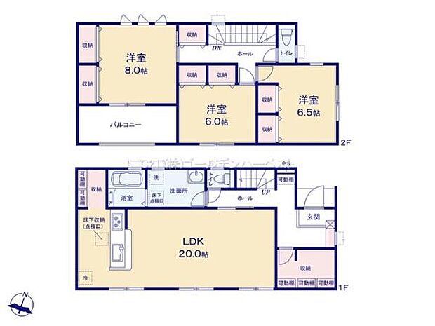 ゆとりある20帖のLDKを中心に使い勝手の良い3つの洋室が配置されています。収納スペースも豊富で玄関や各部屋にも収納が用意されています。バルコニーは2階にあり明るさが取り込めます。
