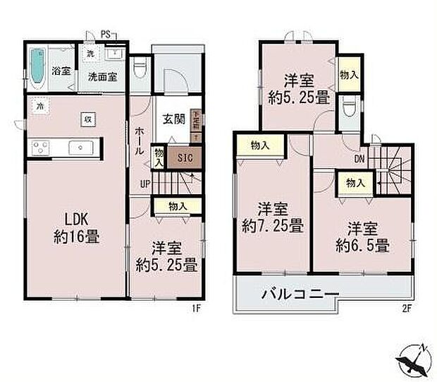ゆとりのあるLDK約16畳が魅力的です。全居室に収納スペースが設けられており整理整頓がしやすい間取りです。2階にはバルコニーがあり開放感を感じられます。全体的に機能的な動線が確保されています。