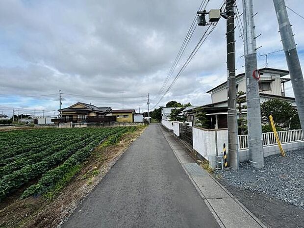現地の前面道路は幅員があり車両の出入りもスムーズに行えます。周辺は畑が広がり開放感を感じられる環境です。建物や電柱が整然と並び静かな雰囲気が伝わります。道路の舗装状況も良好です。