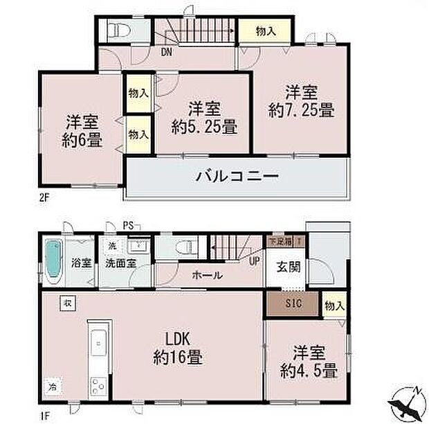 各部屋に収納スペースが設けられており整理しやすい間取りです。リビングダイニングキッチンが広々としており使い勝手の良さが感じられます。2階にはバルコニーがあり全体的に明るい印象を受けます。