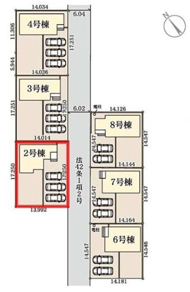 全体区画図から敷地の配置が一目で分かります。各号棟ごとに駐車スペースが用意されています。道路幅や敷地寸法も明示され全体のレイアウトが把握しやすい図面です。