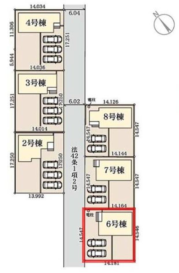 区画図では各棟ごとに駐車スペースが配置されています。6号棟は角地に位置し車の出入りがしやすい配置です。全体の区画が整理されており分かりやすいレイアウトです。敷地ごとの広さが明確に分かります。