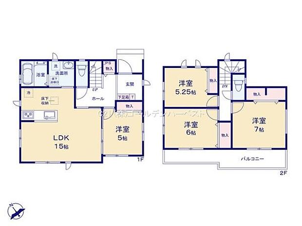 明るいリビングダイニングキッチンが1階に配置されています。各階に洋室が用意されており使い勝手の良い設計です。2階にはバルコニーがあり開放感も感じられます。収納スペースも充実していて便利です。