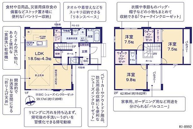 収納力のあるパントリーやウォークインクローゼットが便利です。リネンスペースでタオル類も整理しやすい間取りです。全室に収納があり居住スペースを広く使えます。バルコニーは用途に合わせて使い分け可能です。