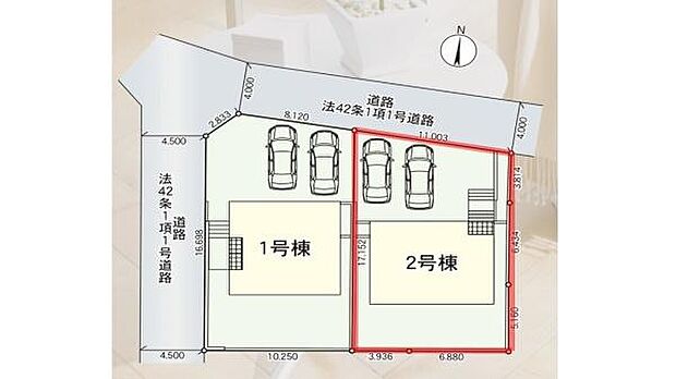 駐車スペースが確保された区画図です。前面道路が幅広く車の出入りがしやすくなっています。区画ごとにしっかりとしたスペースがありレイアウトが明確です。各号棟ごとにアクセスが良好な配置です。