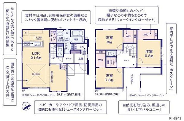 使いやすい動線の間取りが魅力です。収納スペースが豊富ですっきりとした住空間を実現しやすいです。各部屋にウォークインクローゼットやパントリーなどの収納が配置されています。