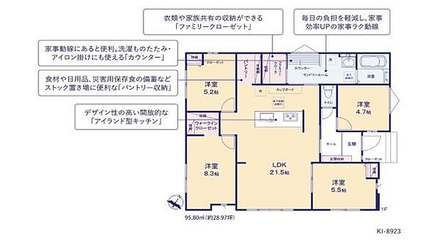 各部屋がゆったりと設計され生活動線が考慮された間取りです。家事や収納に便利なスペースが随所に配置されています。アイランド型キッチンや多用途パントリーなど実用性に配慮された工夫が光ります。