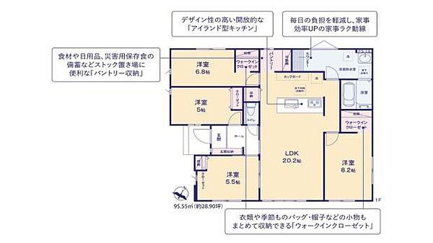 各部屋がゆったりと配置され収納スペースも豊富な間取りです。アイランド型キッチンが特徴的で家事動線にも配慮されています。ウォークインクローゼットやパントリー収納があり使いやすさが考えられた設計です。