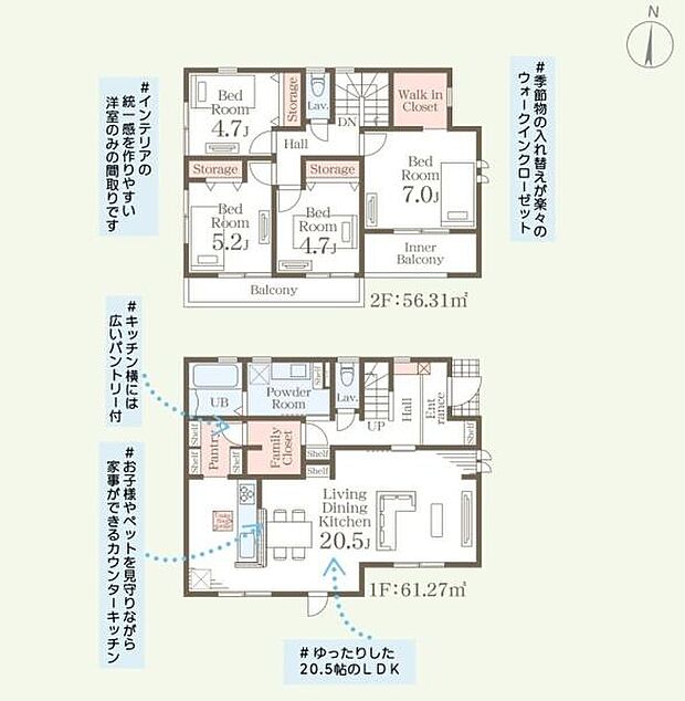 効率的に配置された各部屋が生活動線をサポートします。20.5帖のLDKは広々とした空間です。ウォークインクローゼットやパントリーなど収納スペースも充実しています。