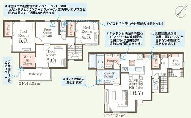 1階・2階に分かれた間取りが特徴的です。リビングダイニングキッチンは広々とした空間で各洋室もゆったりとした設計です。ウォークインクローゼットやパントリーなど収納スペースも充実しています。