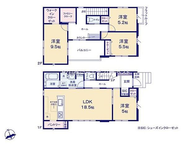 全居室が収納スペース付きで使いやすい間取りです。二階には広々としたバルコニーがありファミリークロークも完備されています。