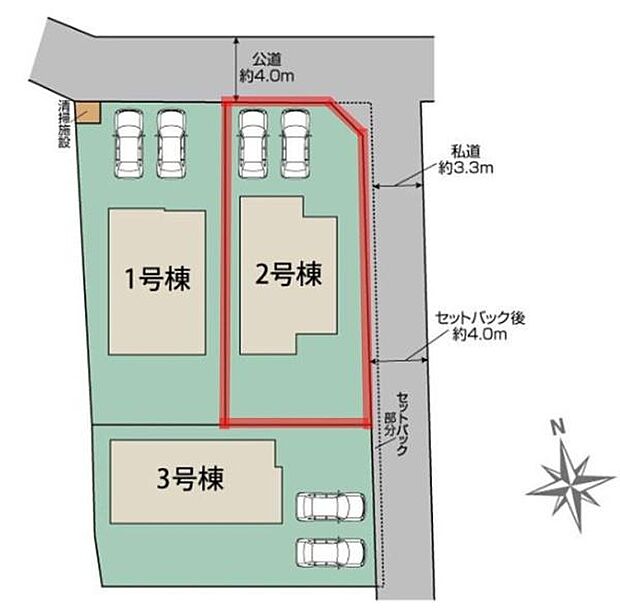 区画図がシンプルで分かりやすく敷地内の動線や駐車スペースが確保されています。各棟が独立して配置されているため敷地利用の自由度が感じられます。また私道や公道へのアクセス経路も明示されています。
