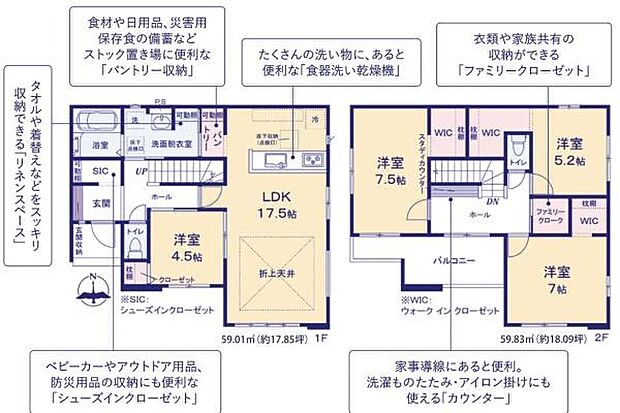 効率的に収納できる広々としたクローゼットやファミリークローゼットが設けられています。リビングダイニングはゆとりのある17.5帖で開放感があります。