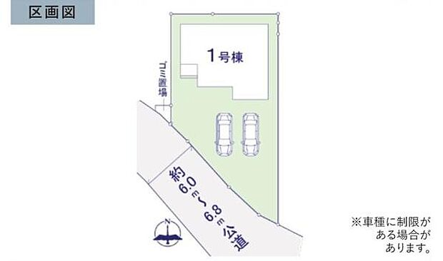 こちらの区画図は敷地内に駐車スペースが2台分確保されています。前面道路はゆとりのある幅員で車の出入りもスムーズです。敷地の形も整っていて使い勝手が良いレイアウトとなっております。