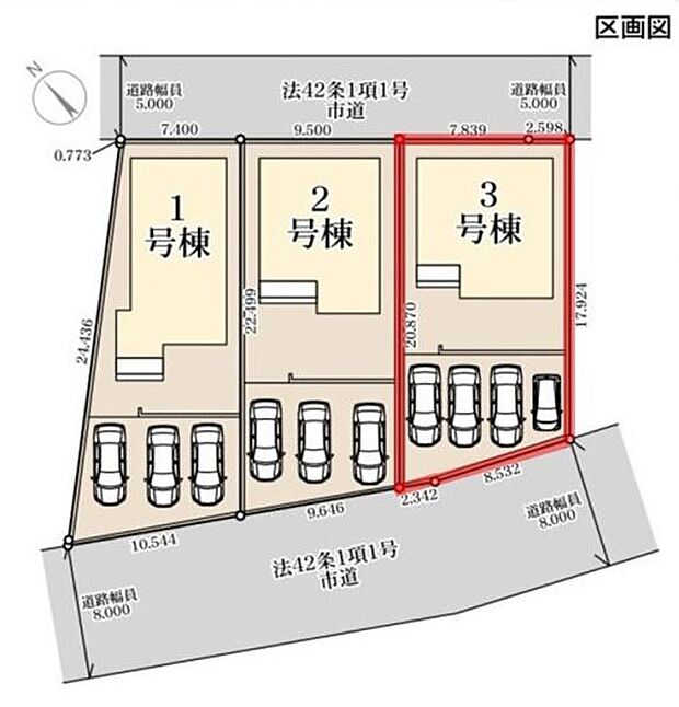 3号棟は南側道路に面しており車の駐車スペースも複数台分確保されています。全体の区画割が整っていて配置も分かりやすいです。道路幅もゆとりがあり車の出し入れがしやすい区画図です。