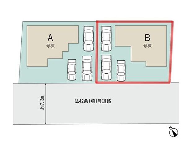 A号棟・B号棟それぞれに駐車スペースが設けられており車の出し入れがしやすい配置です。区画ごとにゆとりあるスペースが確保されています。前面道路が幅約7.3mと広くスムーズな駐車が可能です。