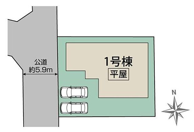 区画図からは敷地が整形地であることがわかります。前面道路の幅員が約5.9mあり車の出し入れも安心です。駐車スペースが2台分確保されている点が特徴的です。